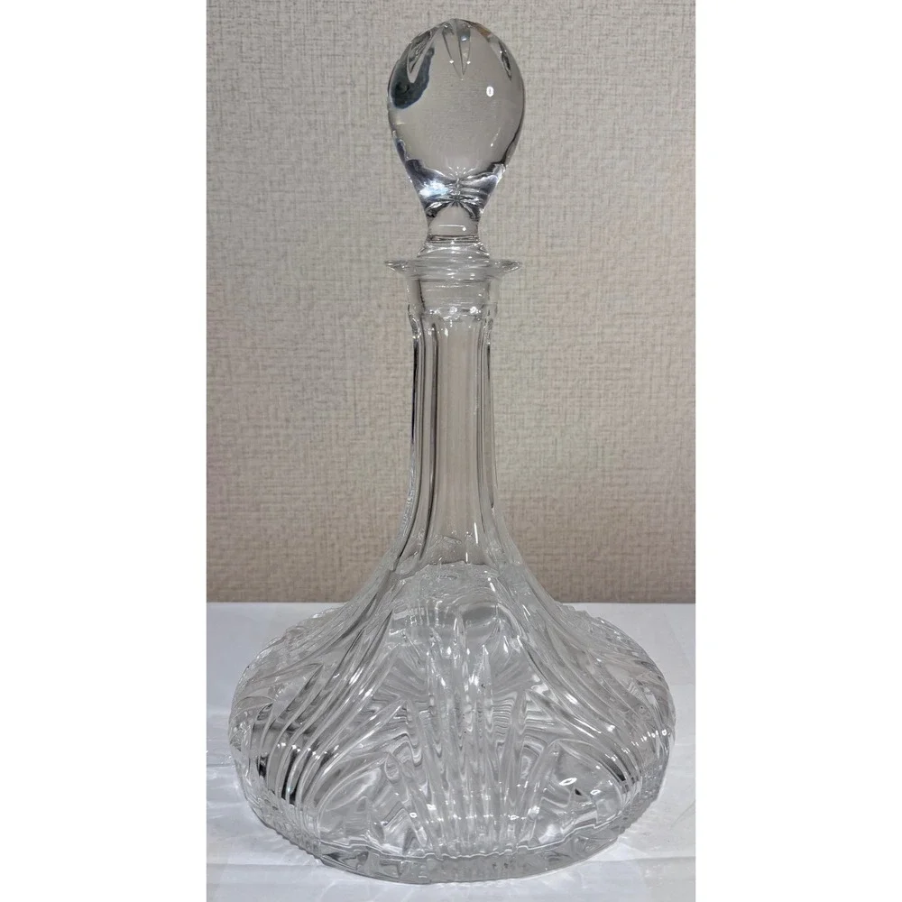 Vintage Cut Crystal Ships Decanter with Teardrop Stopper Clear Glass 12.5 inch